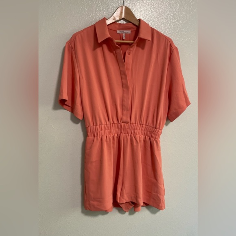 BCBGeneration Short Sleeve‎ Romper Button Front Elastic Waist Collared Coral S